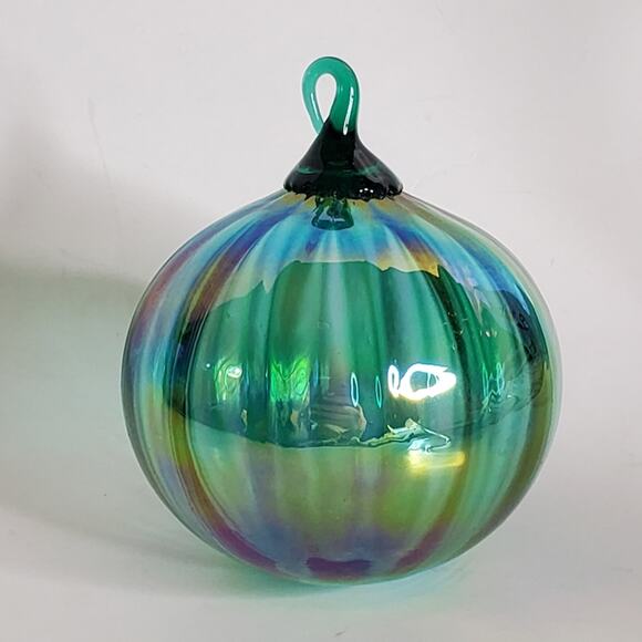 Hand Blown Iridescence metallic colorful blue green glass stemmed ornament 3.5" - Picture 1 of 8